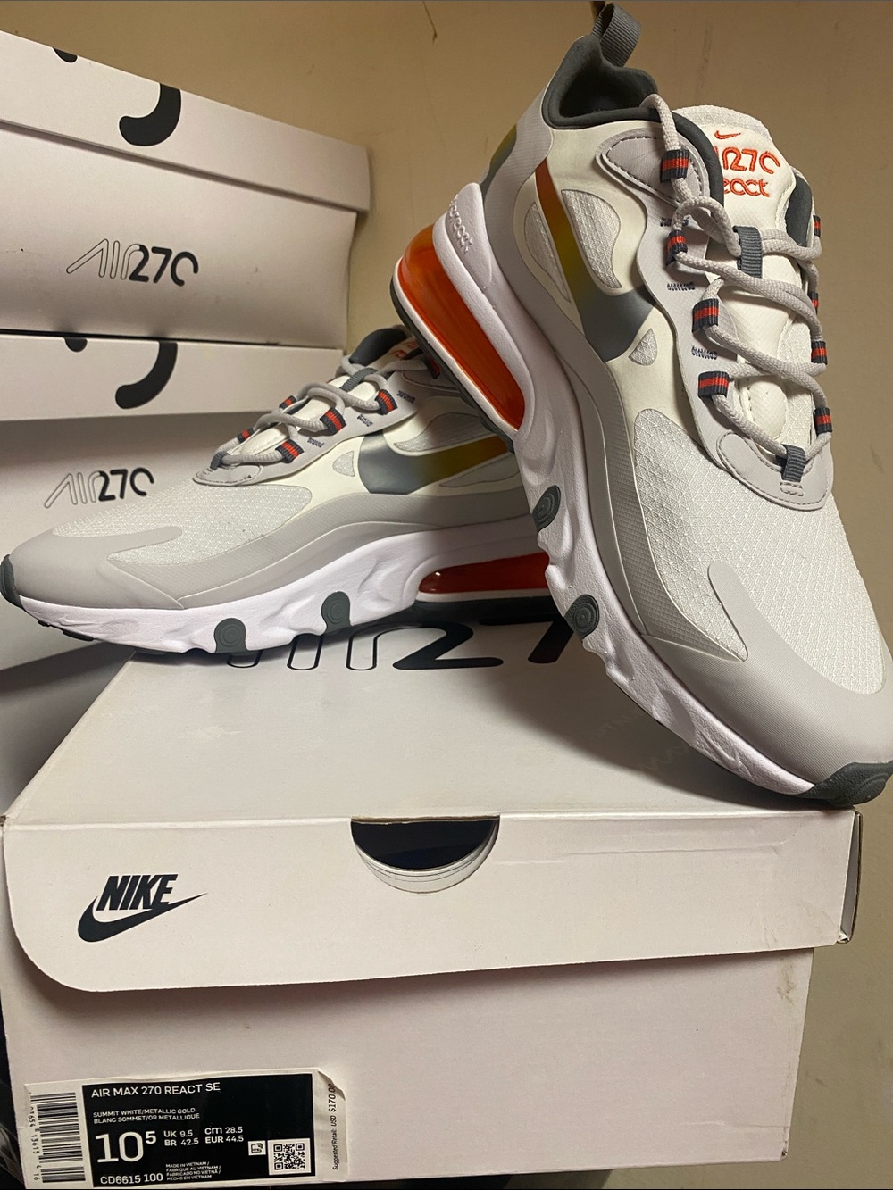 Nike Air Max 270 React SE White Gray with Orange Accents